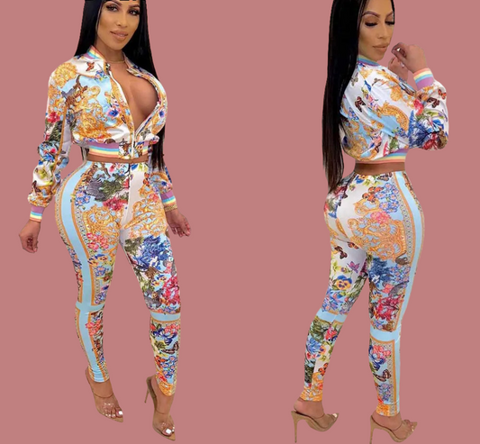 Floral Baroque Pastel Paisley Long Sleeve Blouse + Bodycon Leggings Women's 2-Piece Set