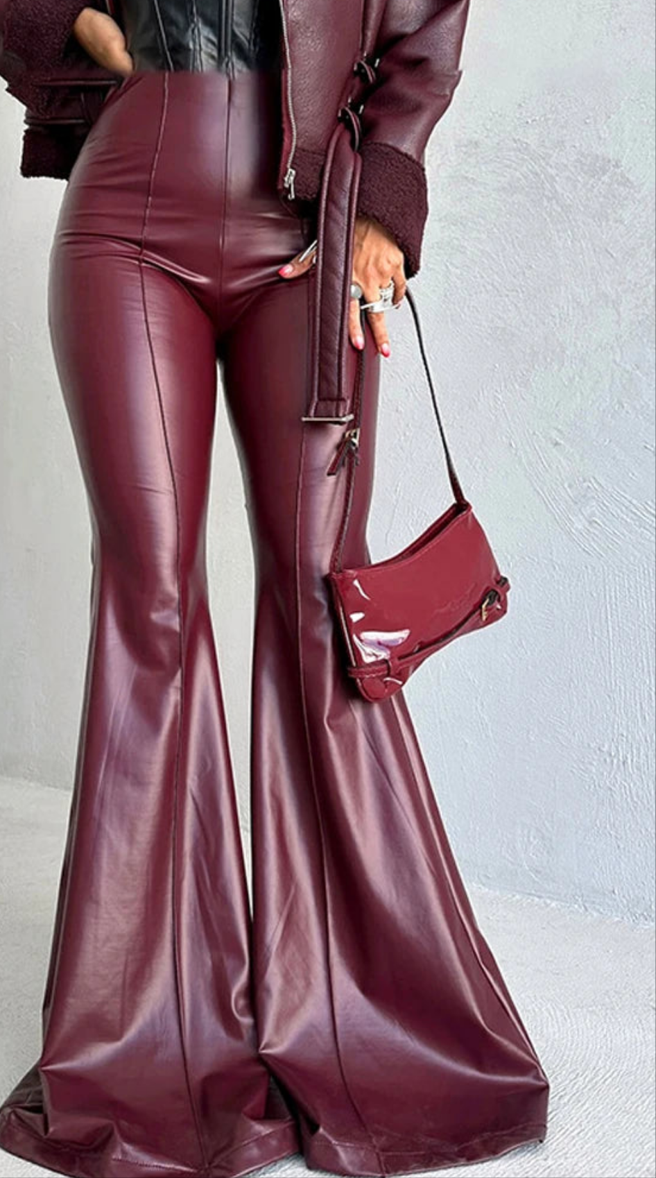 Flared PU Leather Women's High Waist Fashion Streetwear Solid Color Zipper Classic Leather Pants