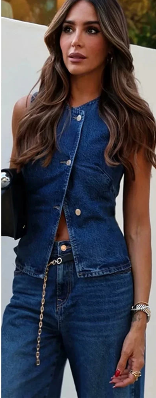 Blue Denim Cropped Sleeveless Streetwear Button-Up Women's Jean Vest