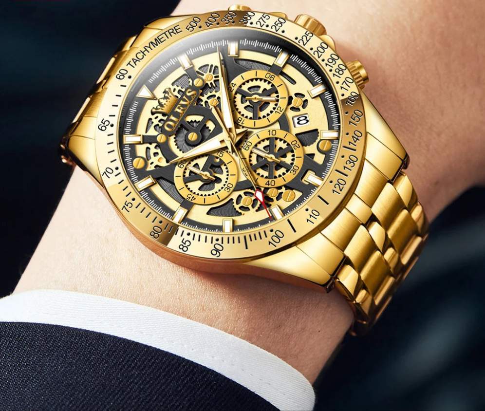 Men's Gold Stainless steel Chronograph Waterproof Luminous Quartz Watch