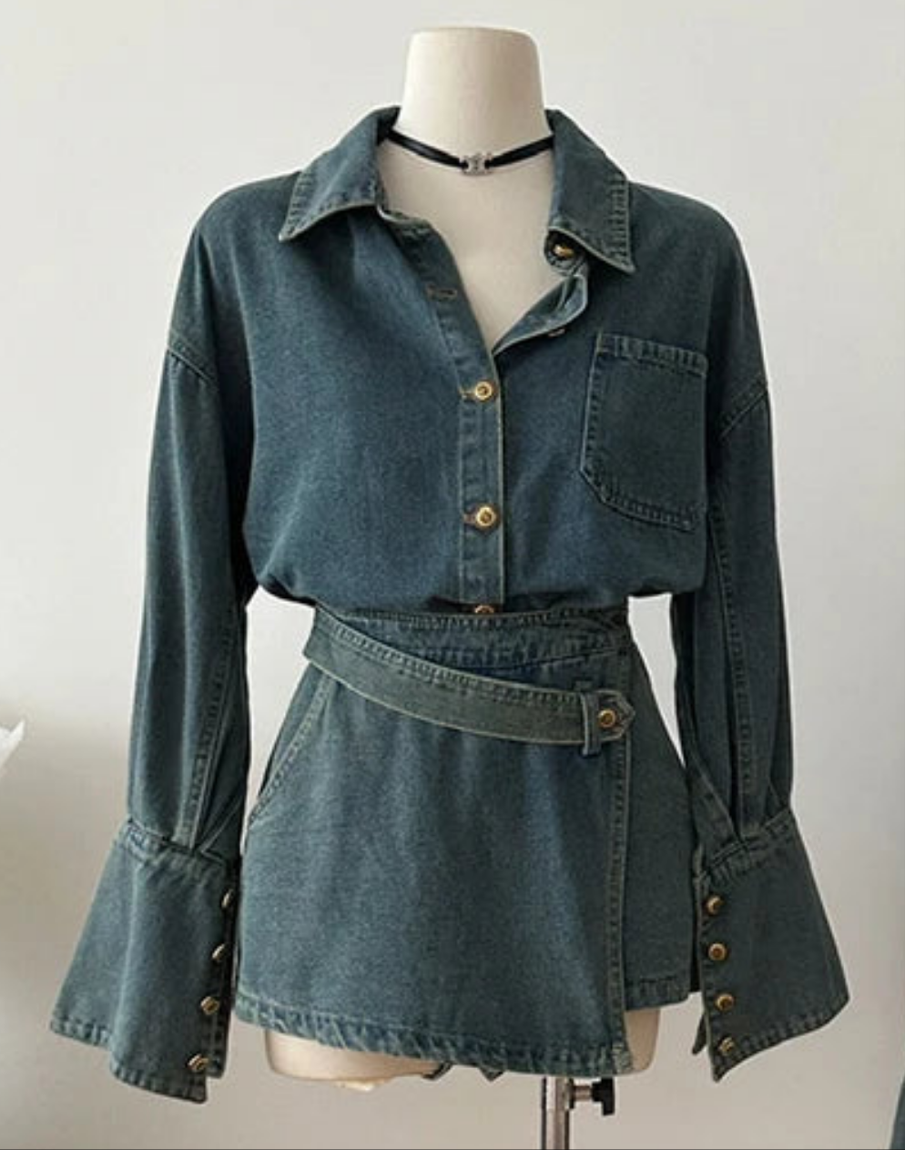 Blue Faded Aesthetic Denim Long Flared Sleeve Button-Up Jean Jacket + Mini Pleated Jean Skirt 2-Piece Set