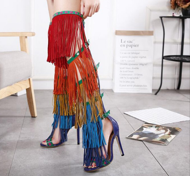 Rainbow Tassel Fringe Over-The-Knee Gladiator Open Toe Platform Sandal Boots