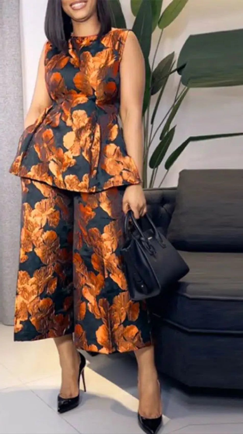 Floral Vintage Print Sleeveless Women's Ruffled Vest + Elastic Waist Wide Leg Pants 2-Piece Sets