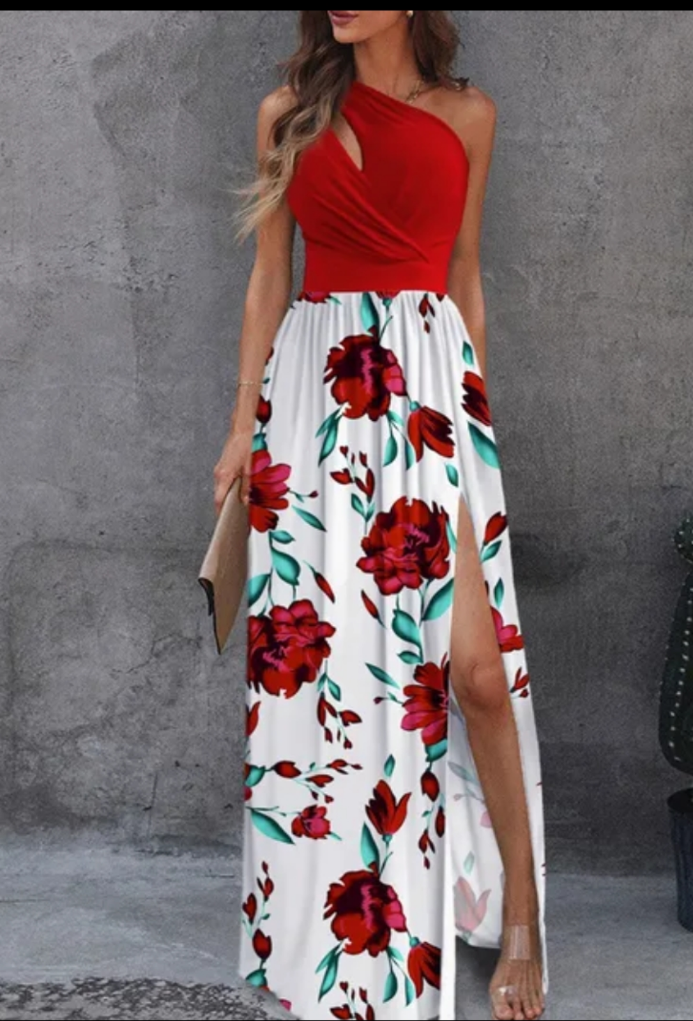 Solid/Floral/Rainbow Gradient Print Asymmetrical One Shoulder Bodycon High Slit Maxi Dress