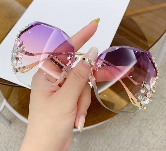 Ombre Gradient Rimless Vintage Bling Rhinestone Women's Sunglasses