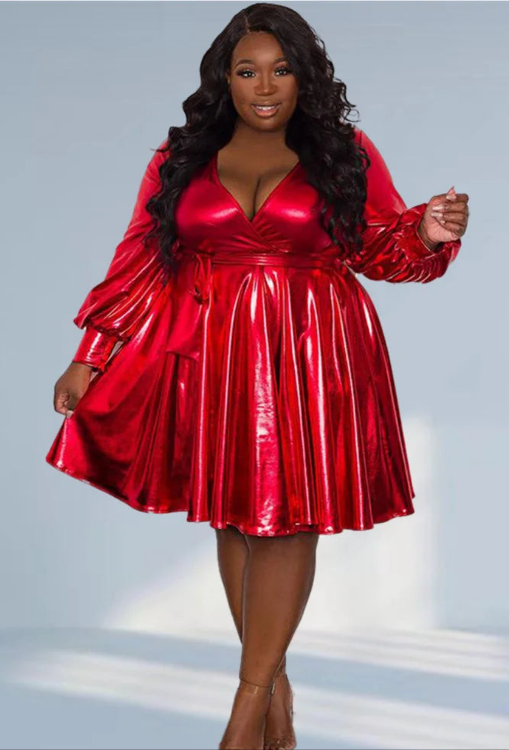 Red Faux Leather Flared V-Neck Long Sleeve Loose Mini Dress to 5X Plus Size