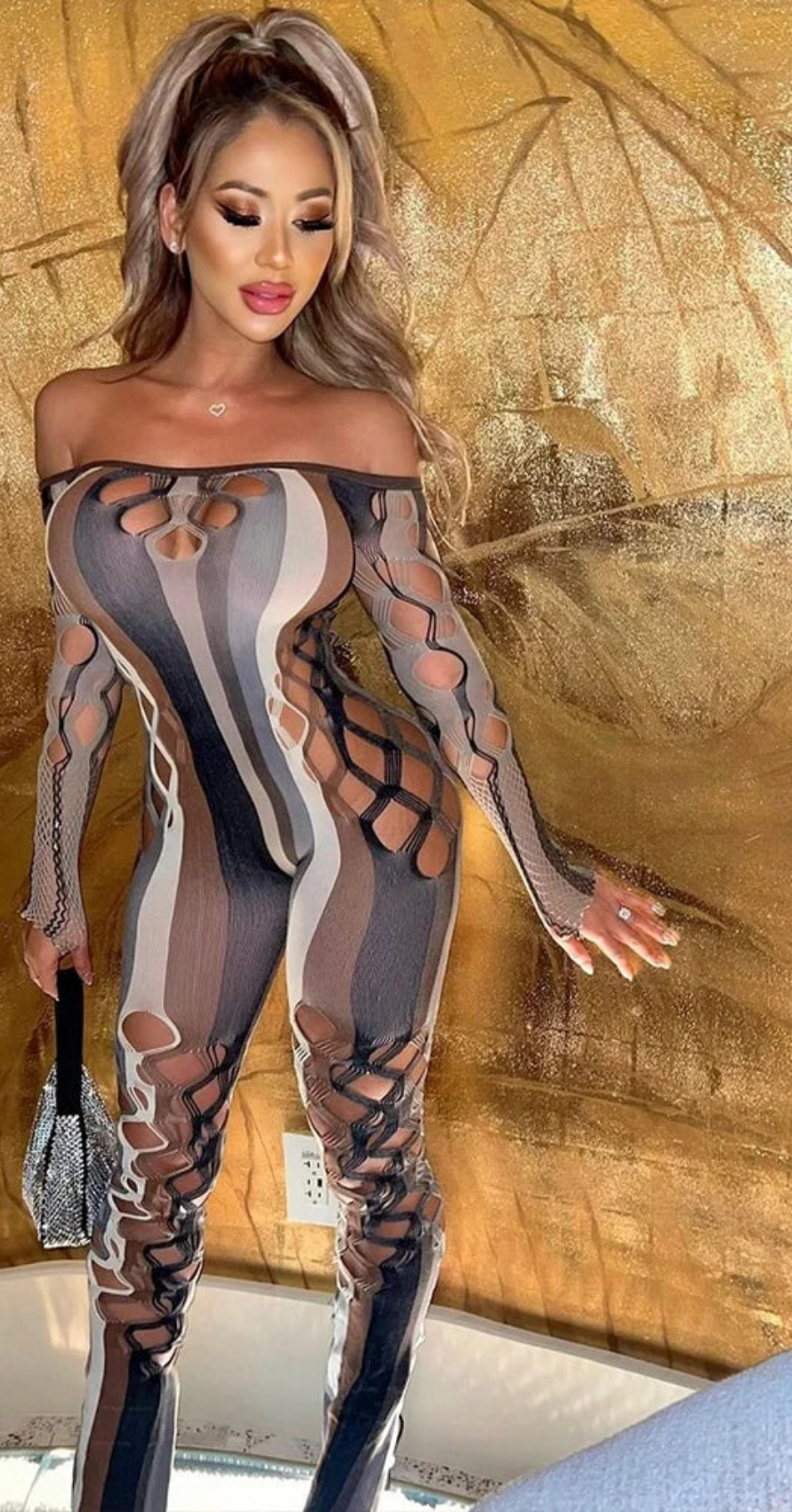 Off-the-Shoulder Colorblock Striped Fishnet Pattern Long Sleeve Women's Jumpsuit