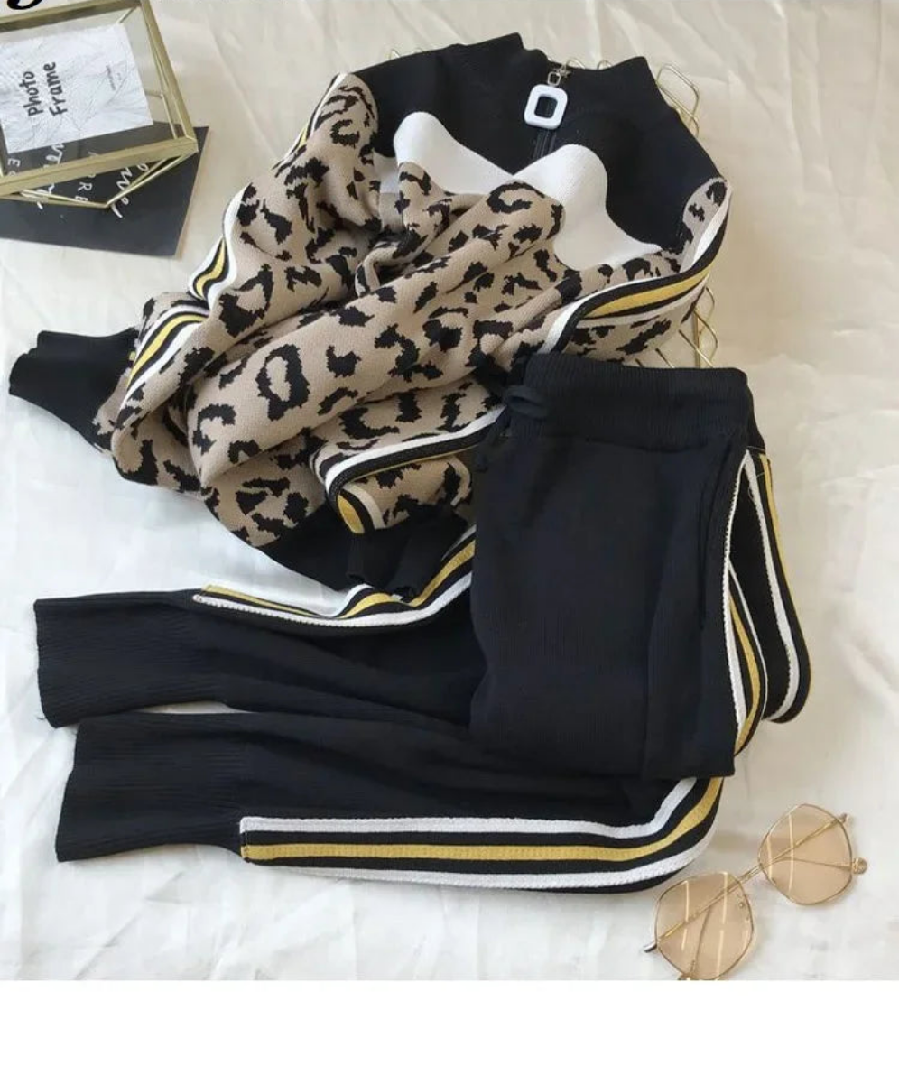 Leopard Colorblock Women's Zipper Cardigan Sweater + Knitted Side Striped Pants 2-Piece Set