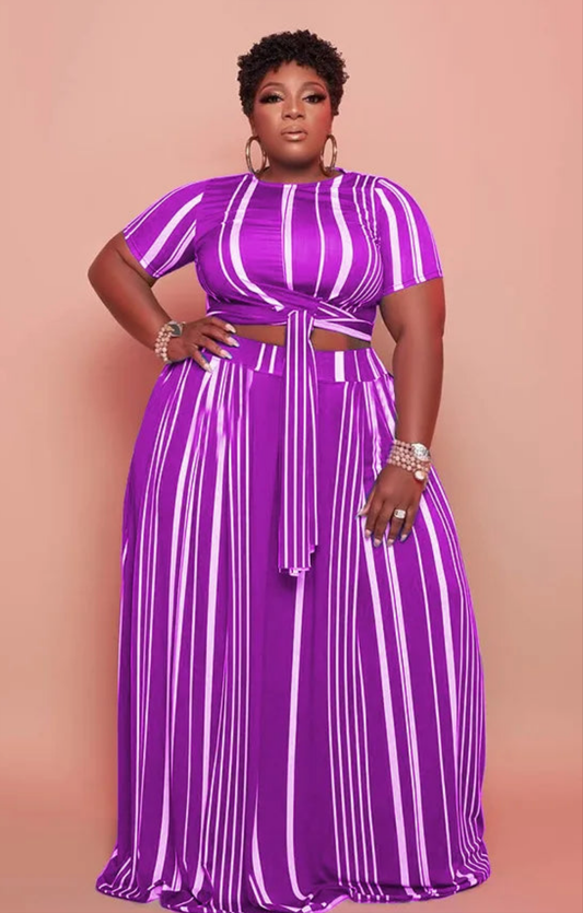 Striped Print Short Sleeve O-Neck Bandage Crop Top + Maxi Skirt 2-Piece Set to 5X Plus Size