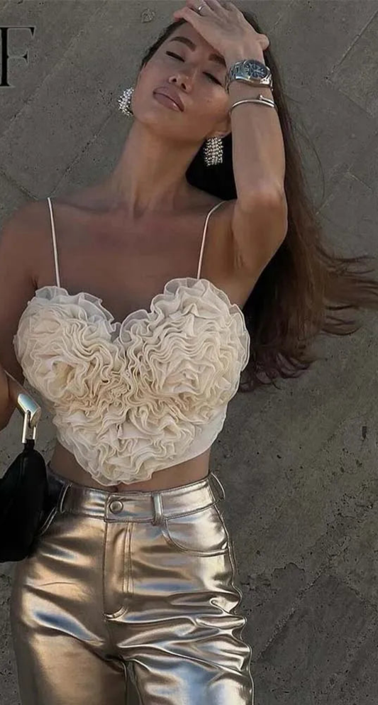 Floral Heart Embroidered Spaghetti Strap Cropped Sleeveless Tank Top