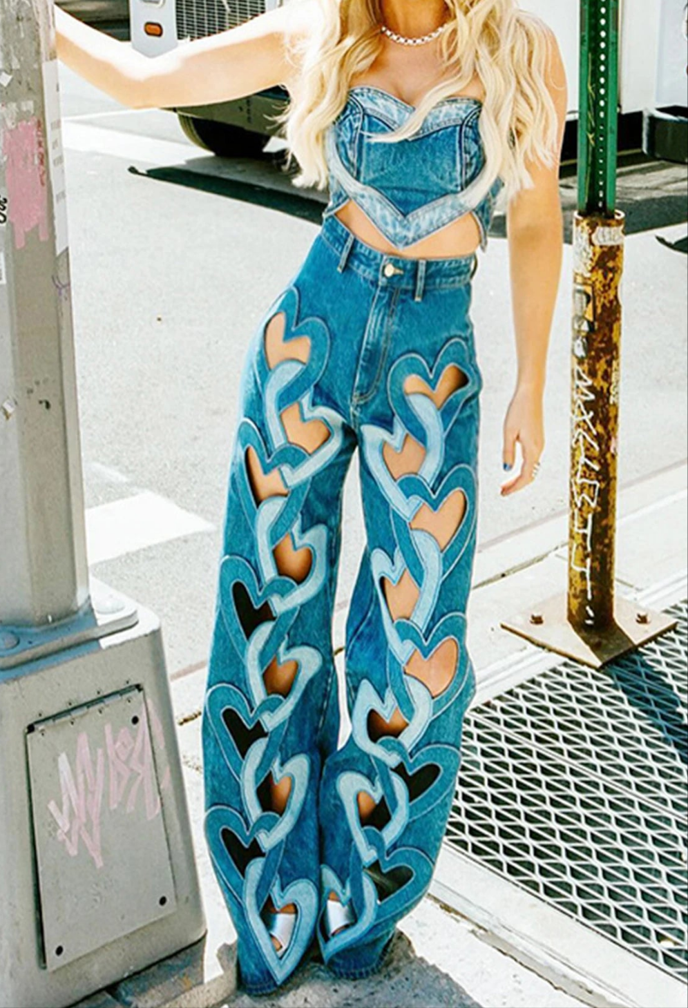 Denim Blue Heart Cut-Out Women's Streetwear Patchwork High Waist Loose Hollow-Out Designer Jeans