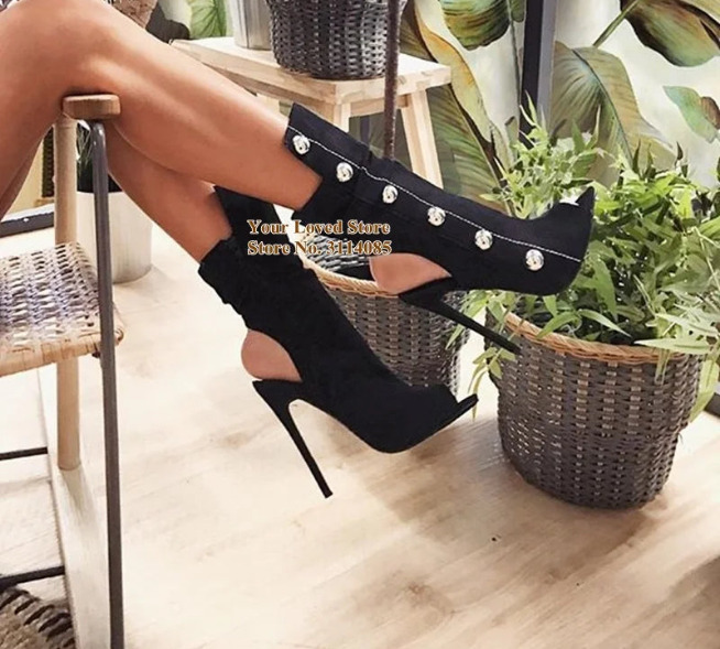 Metal Button Embellished Hollow-Out Open Toe Stiletto Heel Zipper Ankle Boots