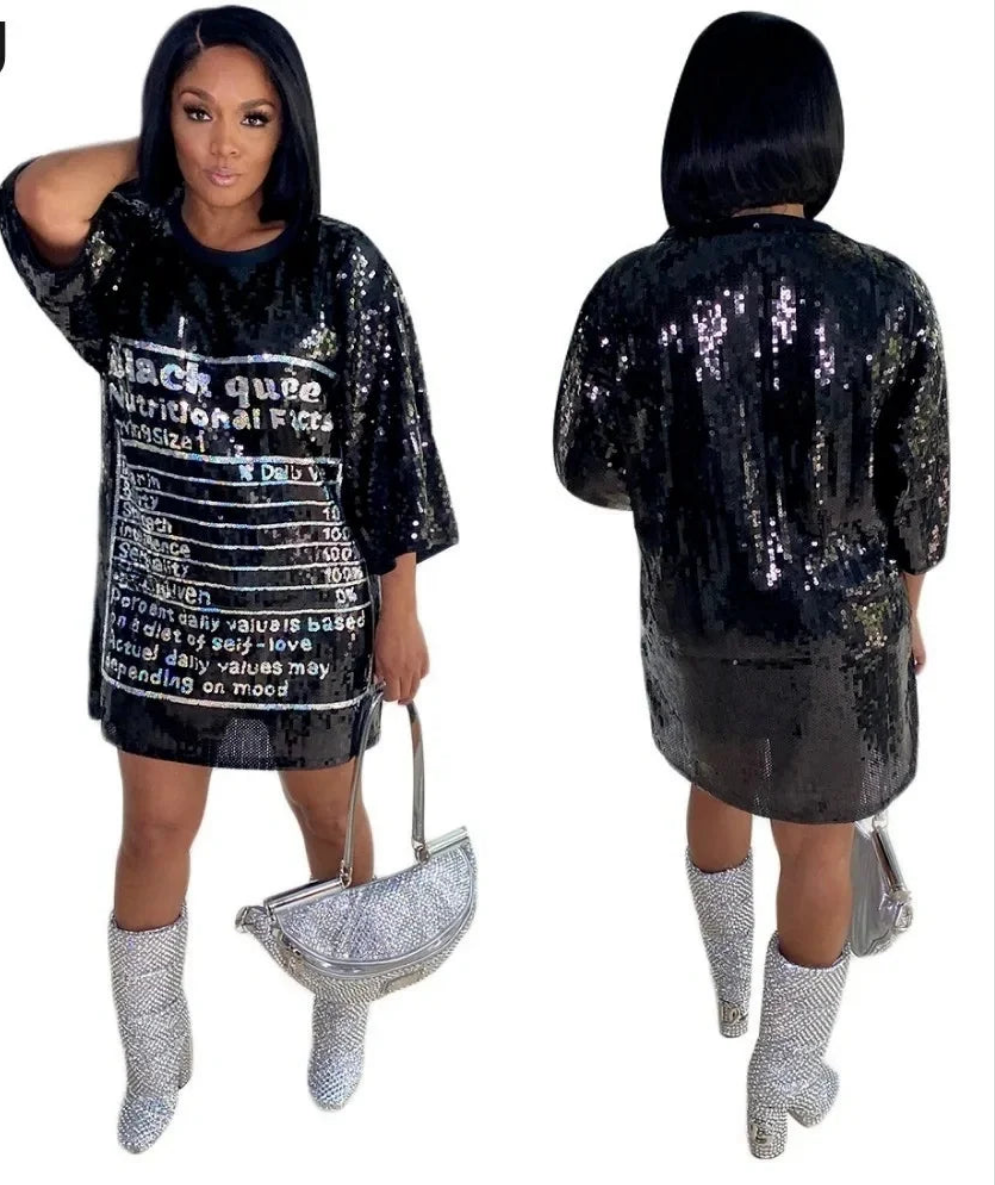 "Black Queen" Shiny Sequin Letter Print  O-Neck Short Sleeve Loose Mini T-Shirt Dress