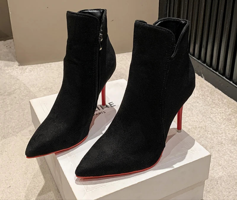 Red Bottom 10cm Stiletto Heels Zipper Back Women's Flock Ankle Boots