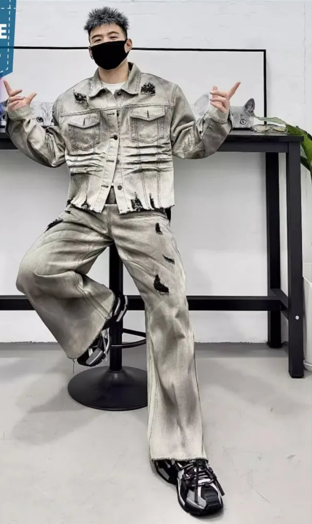 Men's Ripped Grey Gradient Washed Denim Cargo Pocketed Jean Jacket + Loose Wide Leg Jeans Matching Set