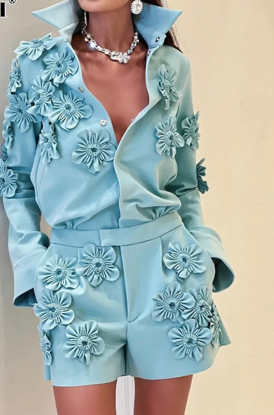 Baby Blue Flower Embellished Long Sleeve Turn-Down Collar High Waist Shorts Romper