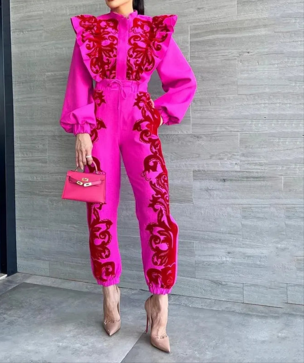 Floral Embroidered Lantern Long Sleeve Zipper Jacket + Drawstring Lace-Up Women's Pants 2-Piece Set