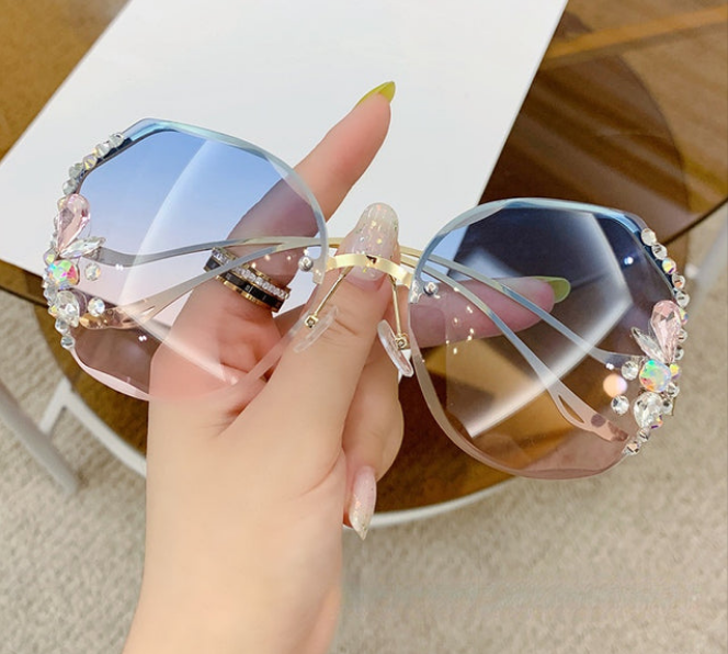 Ombre Gradient Rimless Vintage Bling Rhinestone Women's Sunglasses