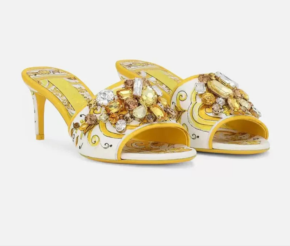 Baroque Print Rhinestone Designer Women's Open Toe Stiletto Slipper Sandals