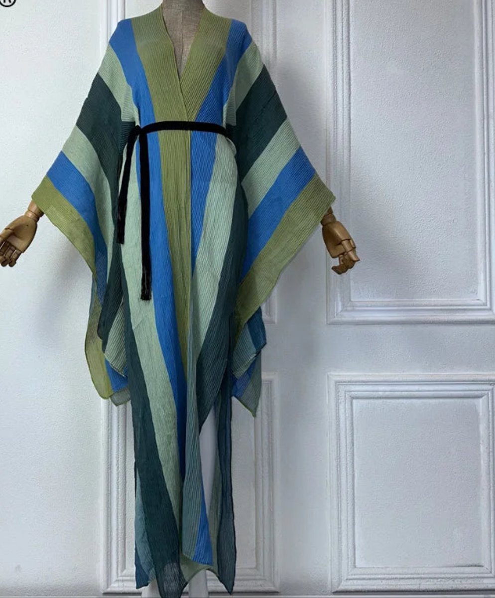 African Striped Pleated Printed Oversized Maxi Cardigan Kaftan Dress