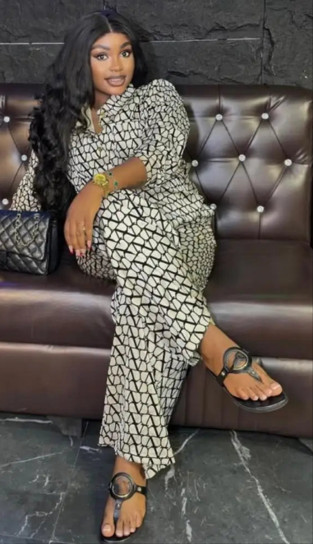 Off-White/Black Monogram Print Long Sleeve Women's Oversized Blouse + Loose Wide Leg Pants Matching 2-Piece Set