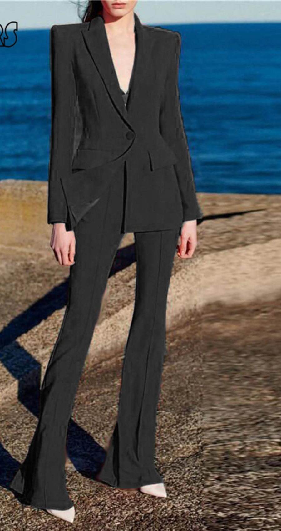 Gradient Colorblock Skinny Notched Women's Single Button Blazer Jacket + Flared Leg Pants Formal Suit