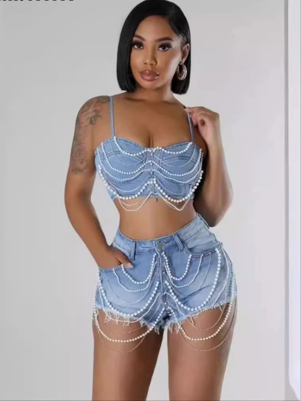 Denim Strapless Pearl Tassel Fringe Chain Design Tank Top + Mini Jean Shorts Women's 2-Piece Set