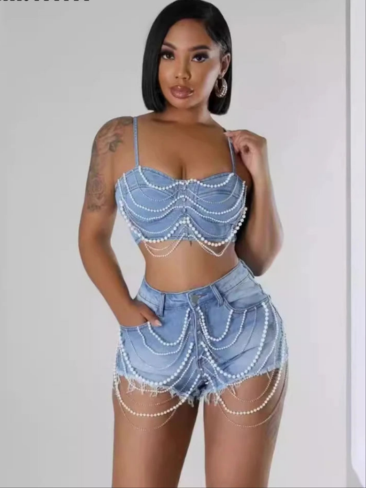 Denim Strapless Pearl Tassel Fringe Chain Design Tank Top + Mini Jean Shorts Women's 2-Piece Set