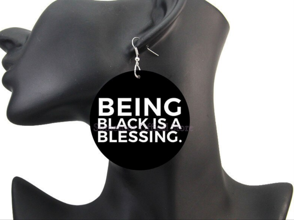 Black African-American Quote Print Women's Wood Drop Earrings