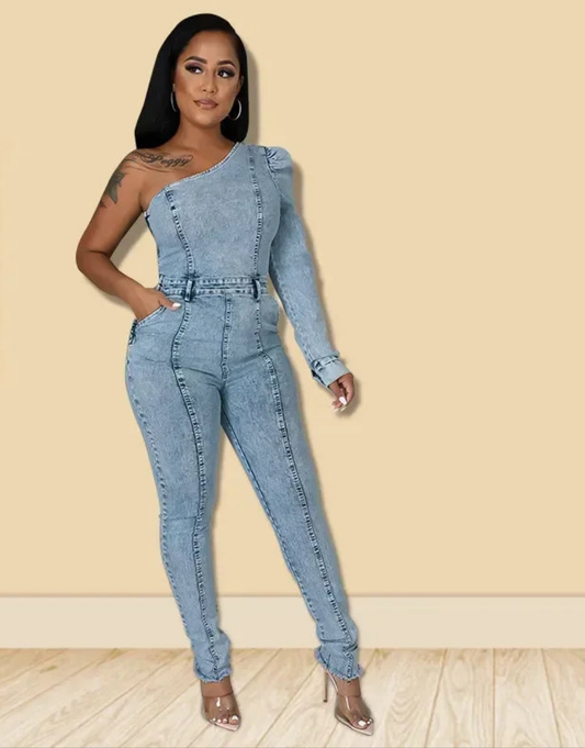 Denim Faded Blue Washed One Long-Sleeve Asymmetrical Women's Jean Jumpsuit