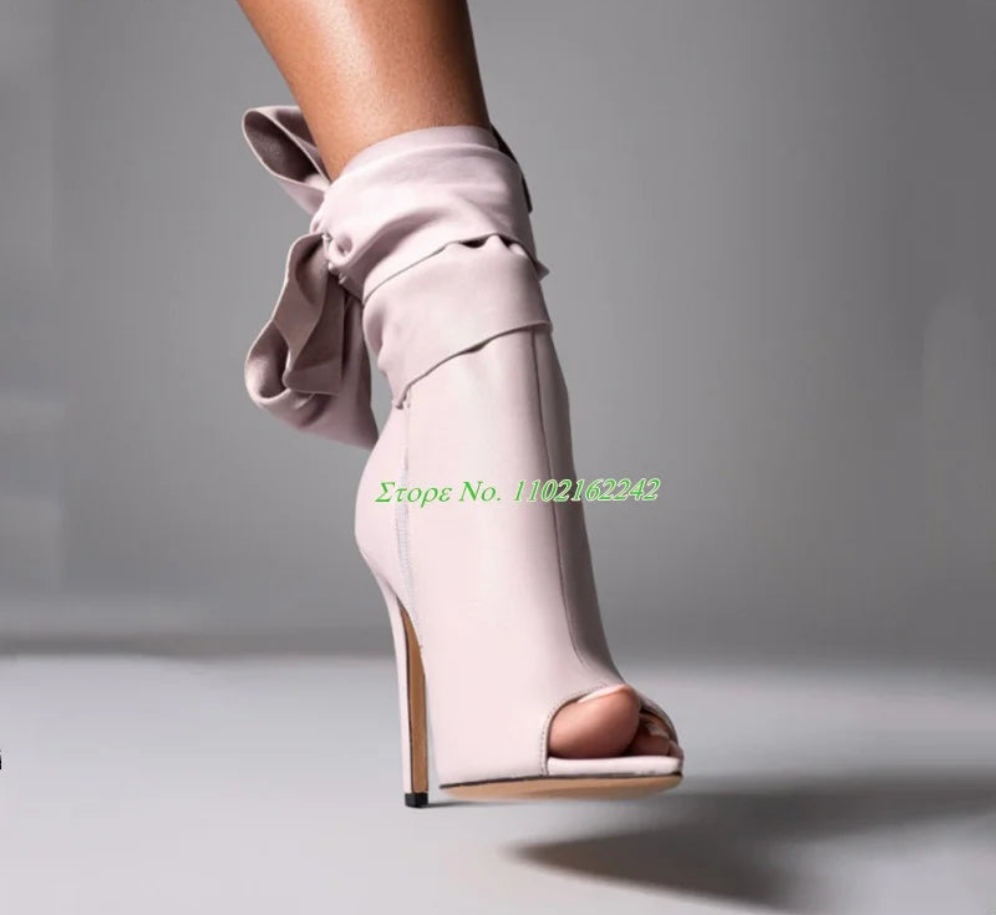 Bowtie Detail Women's Peep Toe Genuine Leather Pointed Toe Stiletto Heel Side Zipper Ankle Boots