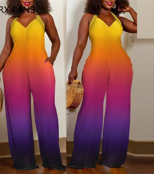 Gradient Colorblock Ombre Sleeveless Halter V-Neck Pocketed Loose Straight Leg Jumpsuit