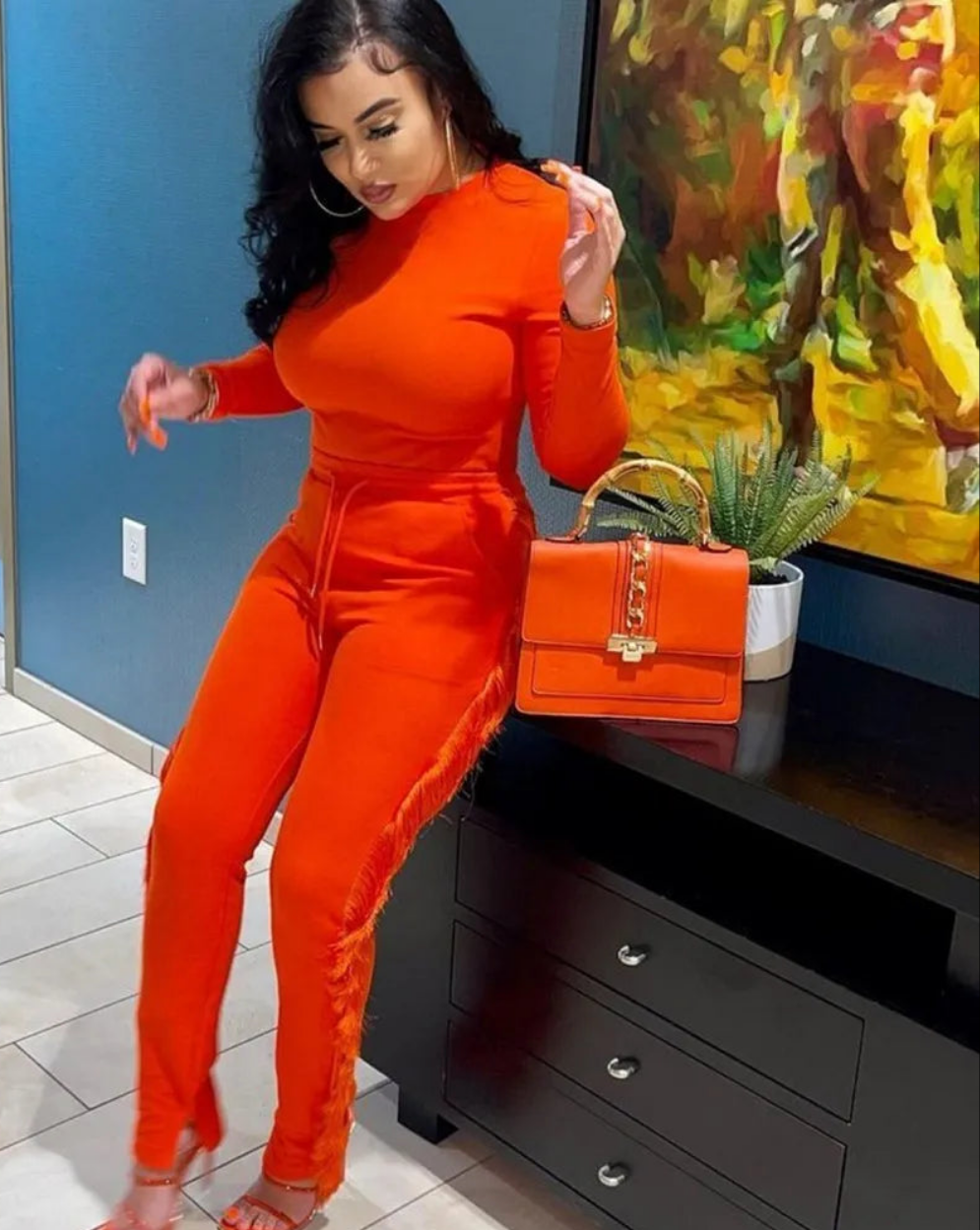 Tassel Detail Women's O-Neck Long Sleeve Top + Drawstring Skinny Pants 2-Piece Set