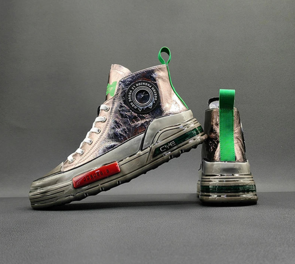 Men's Metallic Genuine Leather Rubber Sole Lace-Up Hightop Skater Sneakers