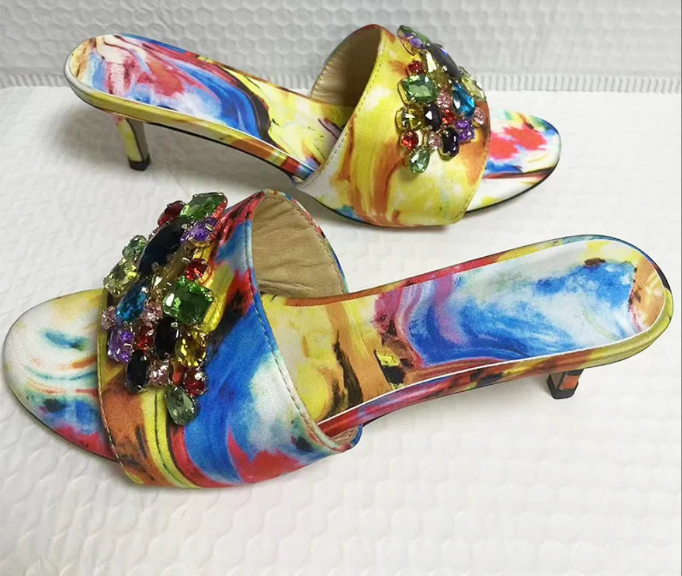 Baroque Print Rhinestone Designer Women's Open Toe Stiletto Slipper Sandals