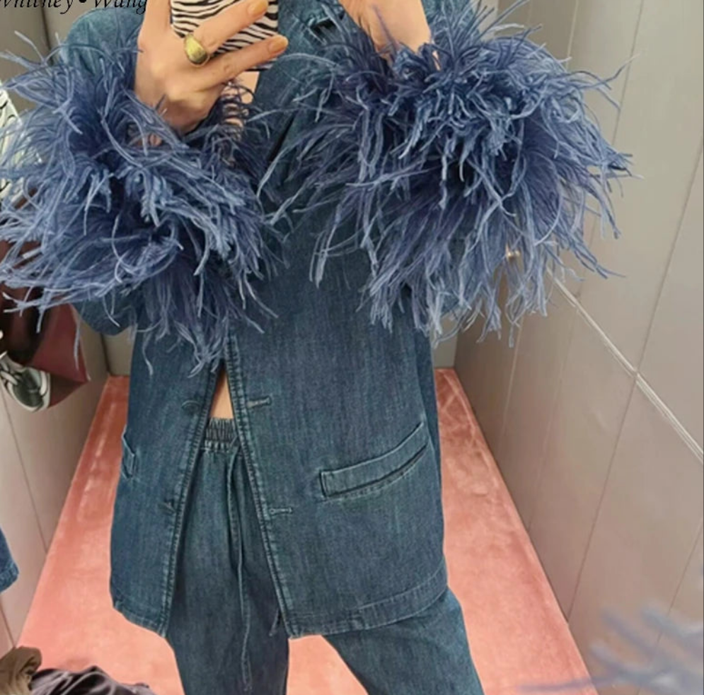 Blue Streetwear Ostrich Feather Cuff Denim Women's Jean Jacket Blazer