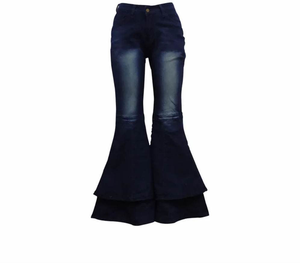 Denim Spliced Layered Flared Women's Stretch Bootcut Wide Leg Bellbottom Jeans