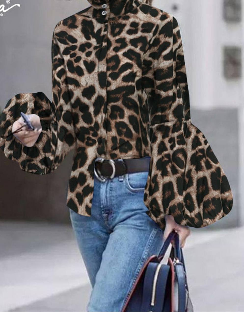 Leopard Print w/ Lantern Sleeve High Collar Ruffled Sleeve Blouse