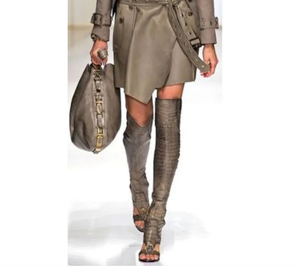 Crocodile Pattern Open Toe Lace-Up Back Cut-Out Gladiator  Over-The-Knee Sandal Boots