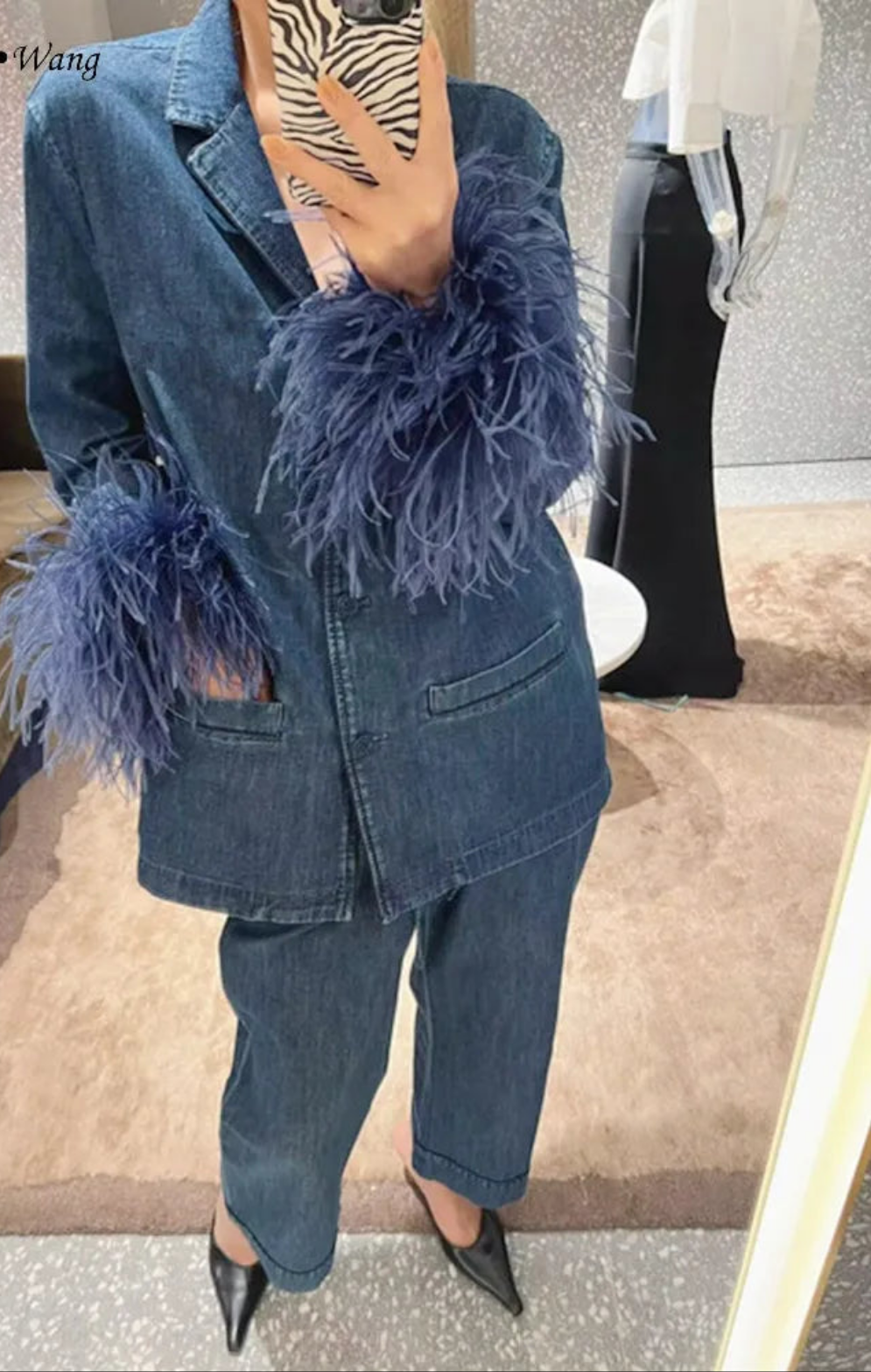 Blue Streetwear Ostrich Feather Cuff Denim Women's Jean Jacket Blazer