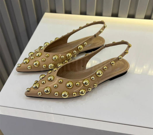 Metallic Bead Detail Ballerina Pointed Toe Slingback Strap Women's Flats