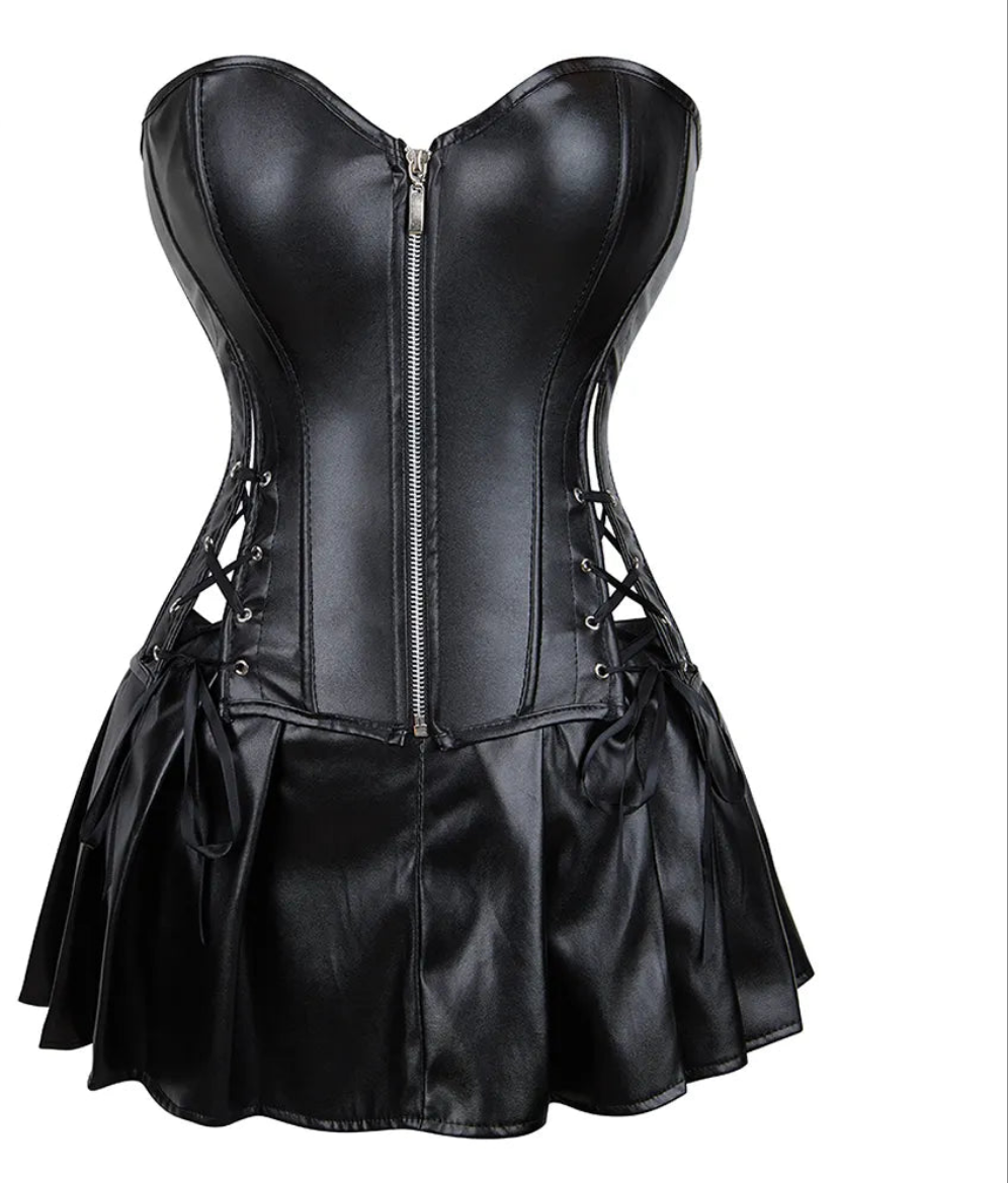 Faux Leather Zipper Front Overbust Bustier Corset Mini Dress