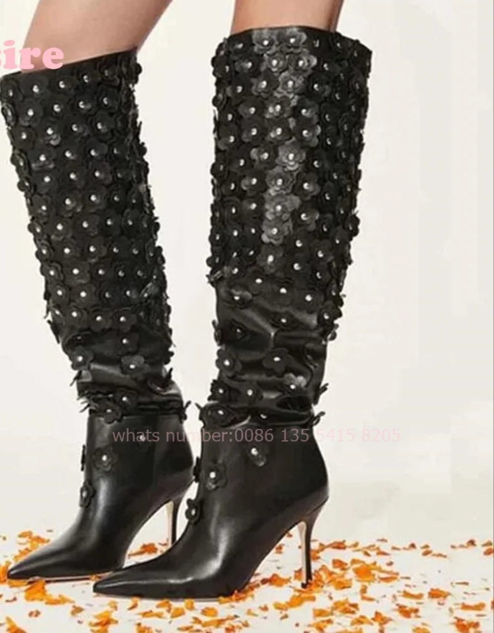 Black Leather Rhinestone Floral Embellished Pointed Toe Knee-High Stiletto Heel Slip-On Women's Boots