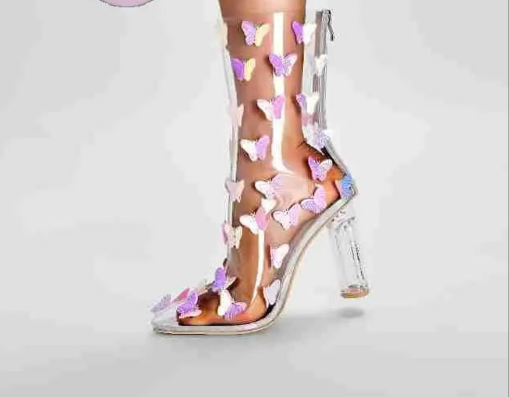 Butterfly Pink/Purple Embellished Crystal Heel Transparent Pointed Toe Zipper Back Ankle Boots