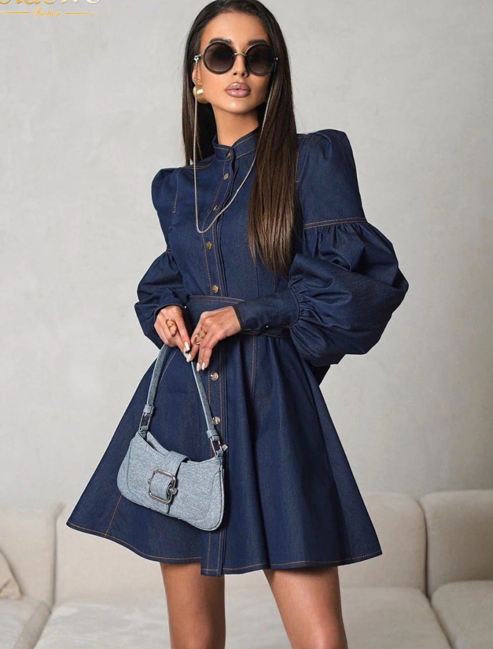 Blue Denim Pleated Button-Up Stand Collar Long Puff Balloon Sleeve High Waist Mini Jean Dress