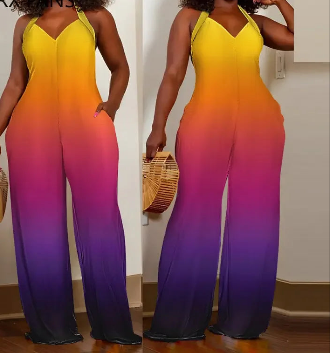 Gradient Colorblock Ombre Sleeveless Halter V-Neck Pocketed Loose Straight Leg Jumpsuit