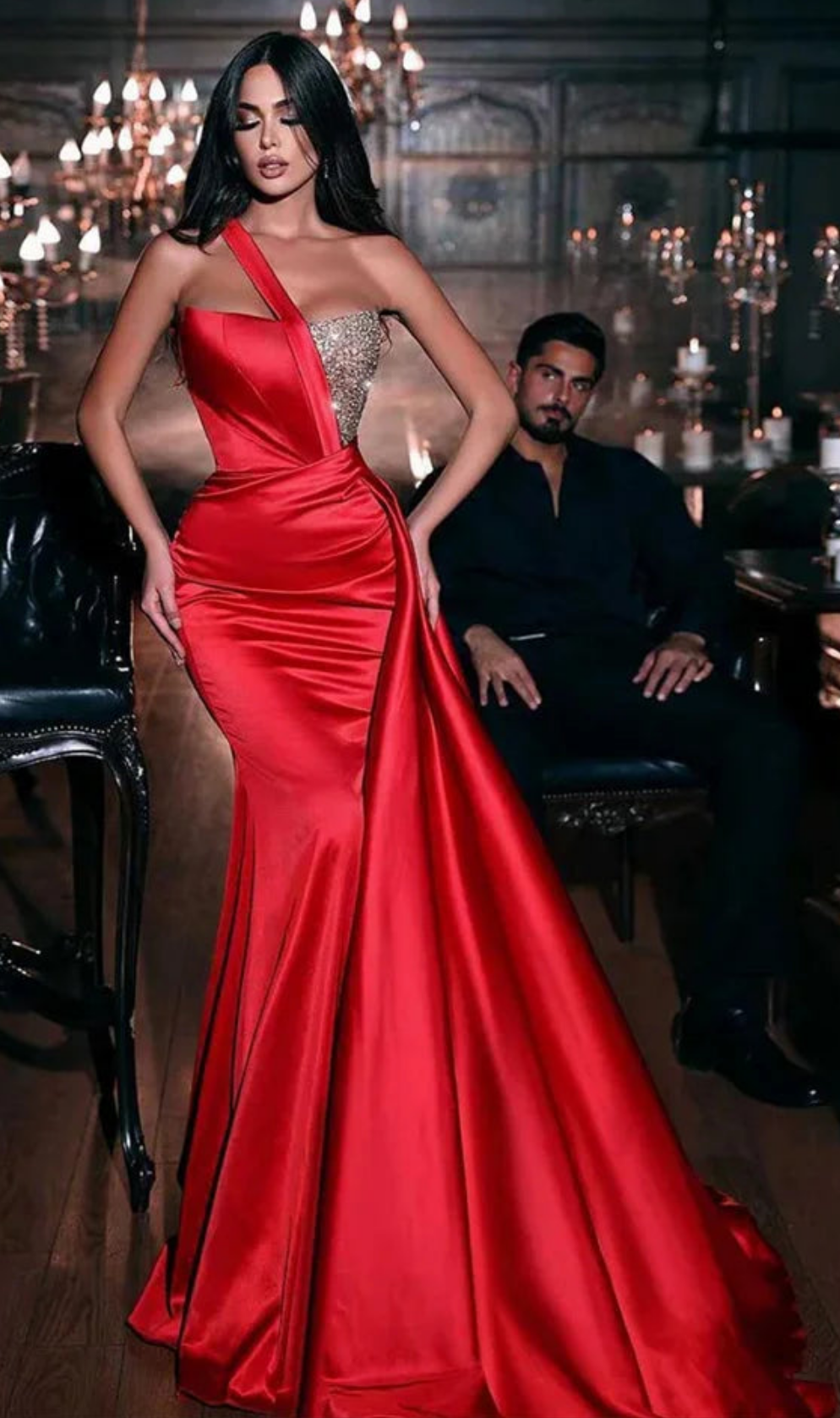 Sequin Asymmetrical One Shoulder Glitter Trumpet Mermaid High Slit Floor-Length Prom Party Formal Dress