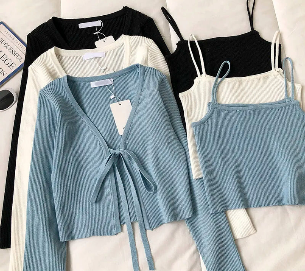 Solid V-Neck Long Sleeve Lace Up Short Knitted Cardigan + Knitwear Camisole 2-Piece Top Set