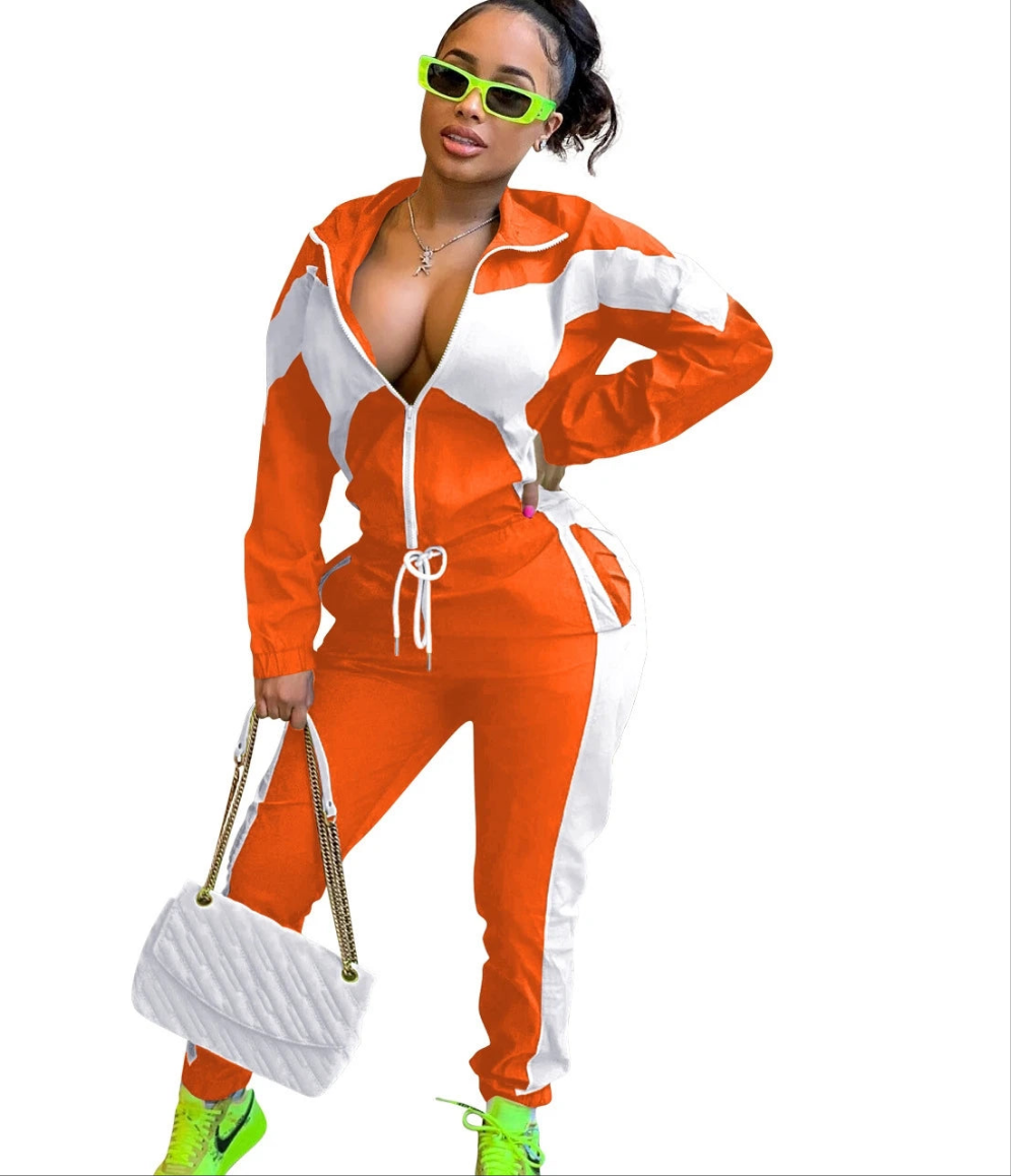 Colorblock Women's Turn-Down Collar Zipper Sweat Jacket + Elastic Waist Sweatpants Tracksuit