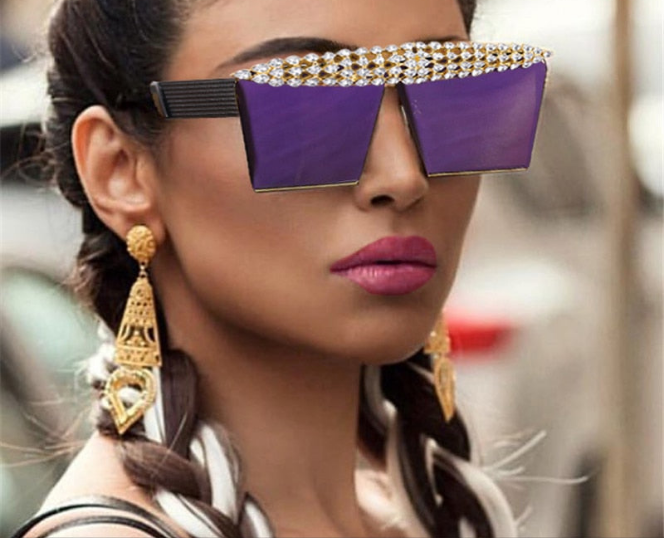 Mirror Reflective Square Diamond Net Flat Top Crystal Punk Sunglasses